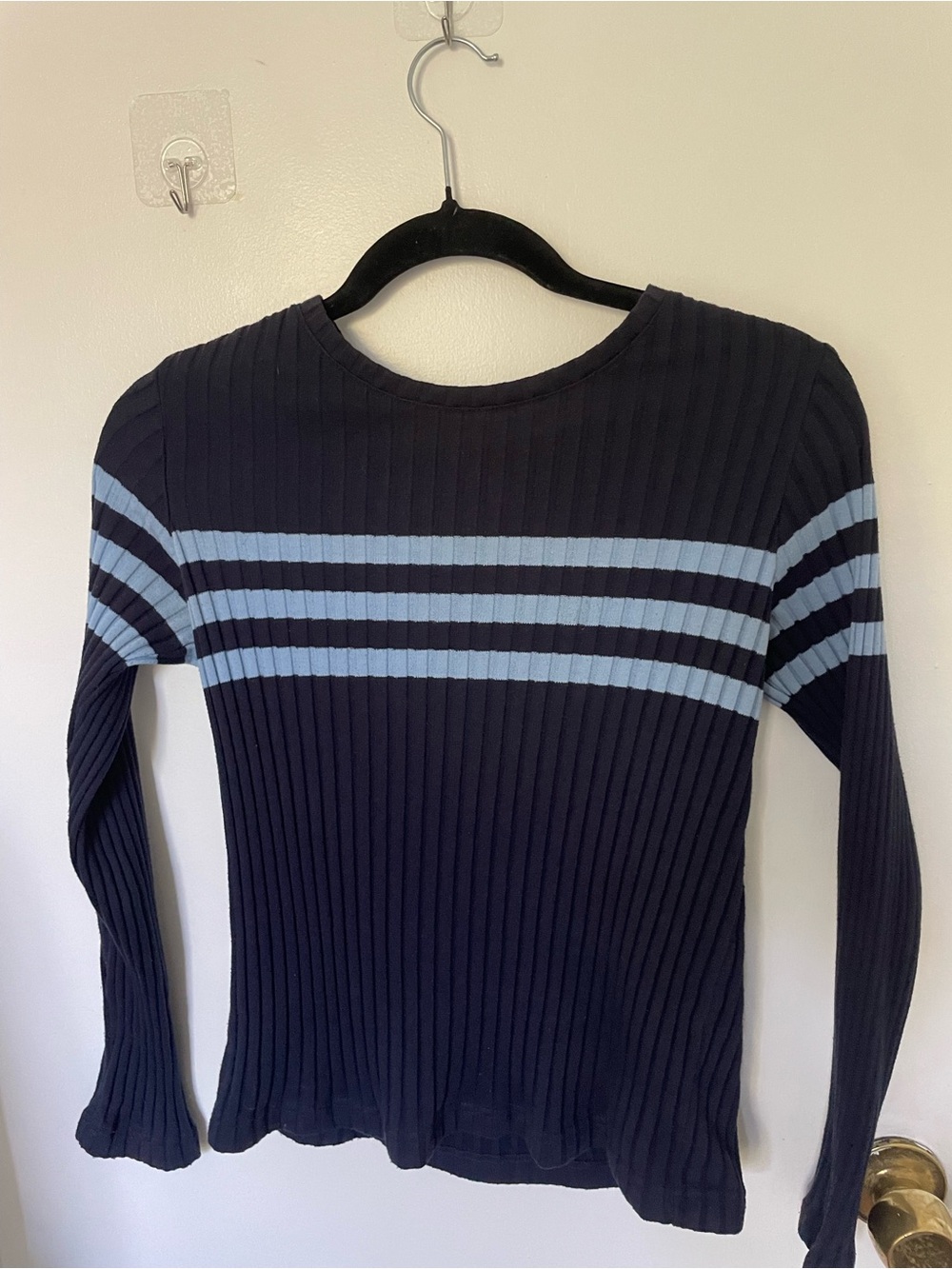 Vintage Navy Ribbed Crewneck Sweater with Light Blue Stripes
